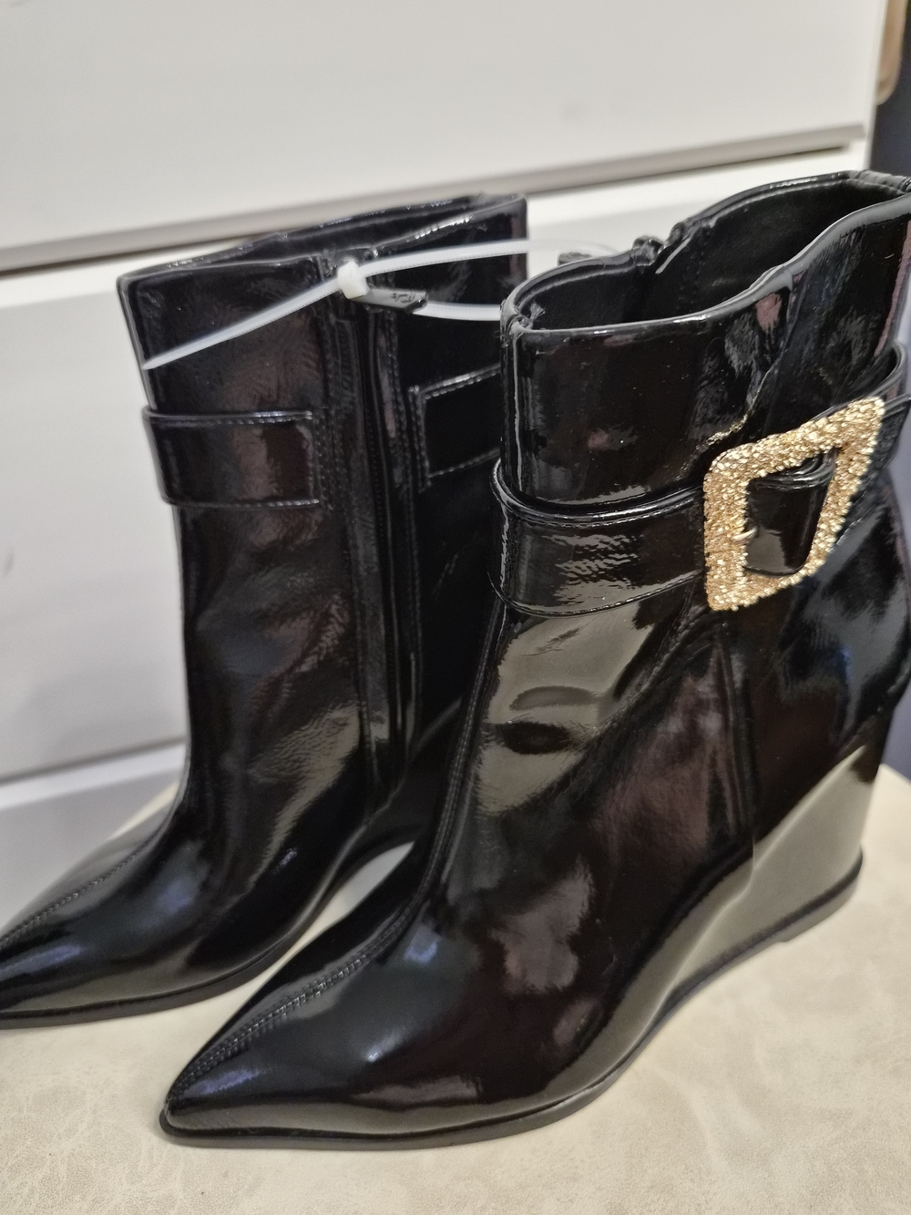 Sam Edelman Black Patent Wedge Ankle Boots with Gold Buckle